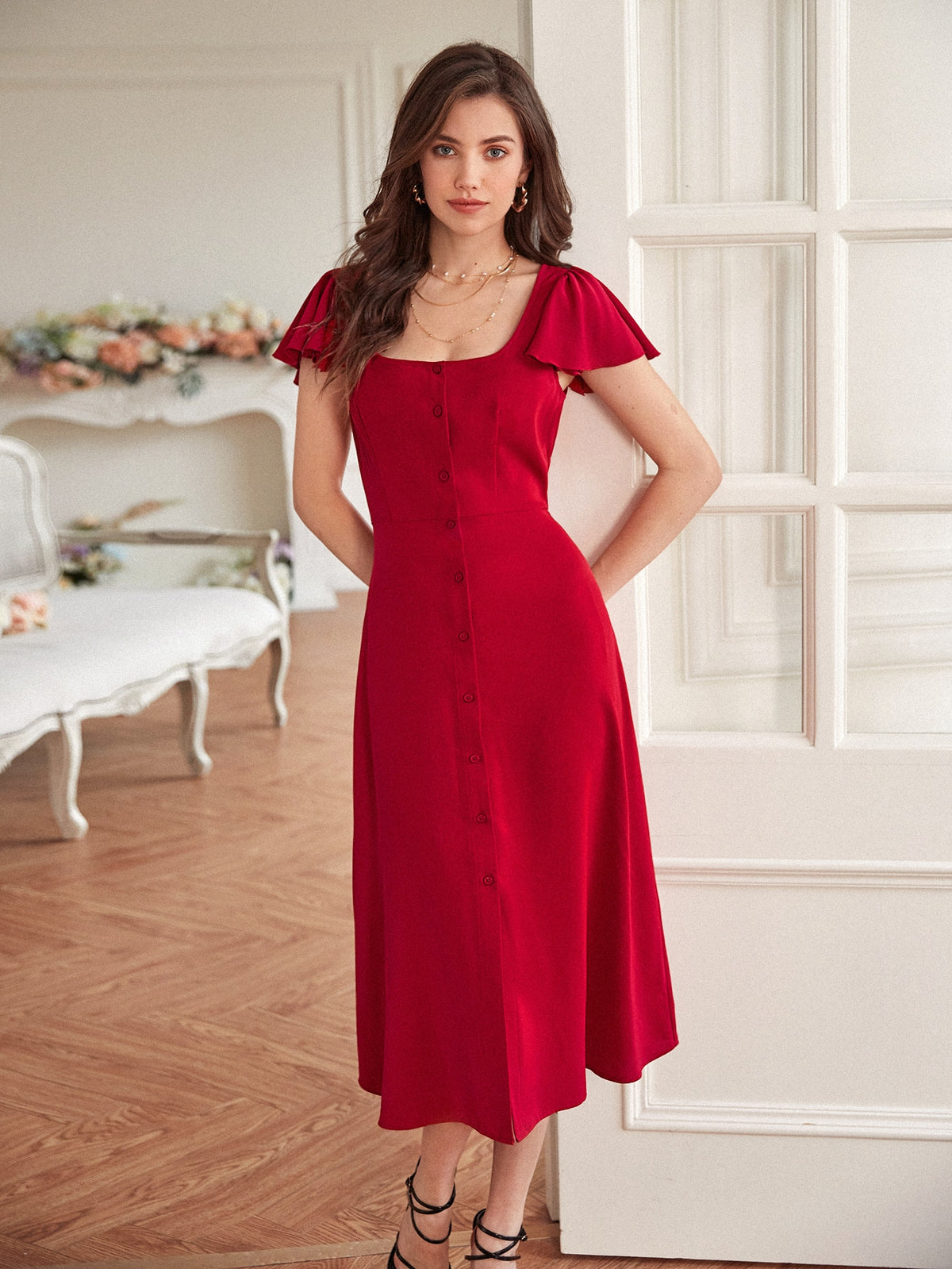 Vestido Midi Evasê Decote Quadrado Botões Frontais