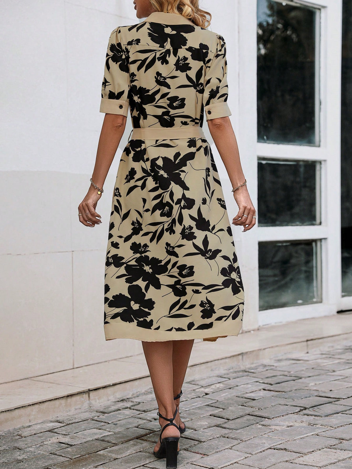 Vestido Midi Camisa Elegante Estampado Com Botões