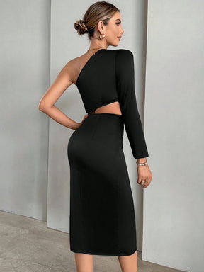 Vestido Midi Elegante Assimétrico Manga Longa E Drapeado