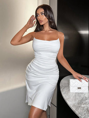 Vestido Midi Justo Elegante Alças Corrente Com Drapeado