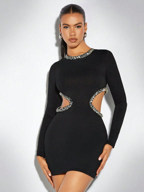 Vestido Justo De Manga Longa Com Recortes Laterais Luxo