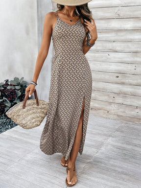 Vestido Longo Estampado com Fenda e Alças Finas