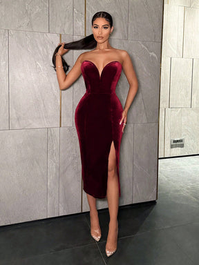 Vestido Midi Justo Veludo Tomara Que Caia Com Fenda