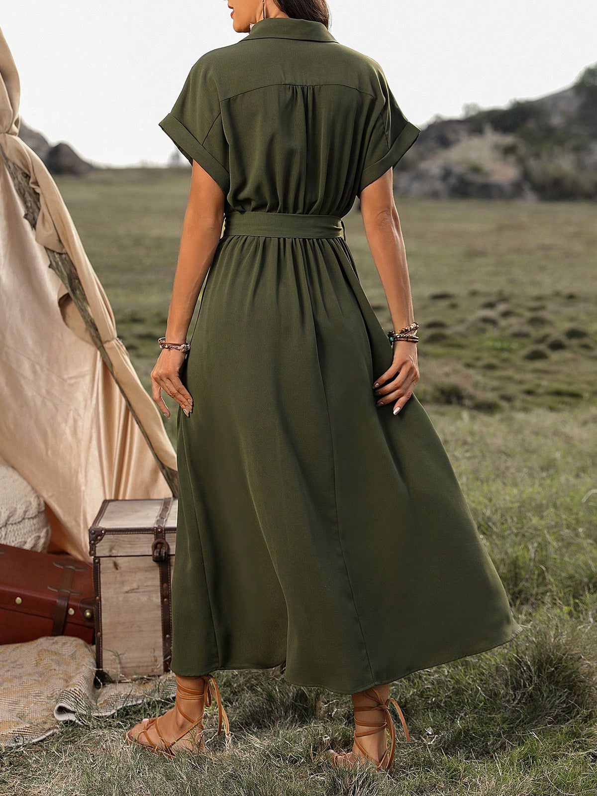 Vestido Longo Chemise Com Botões E Cinto Ajustável
