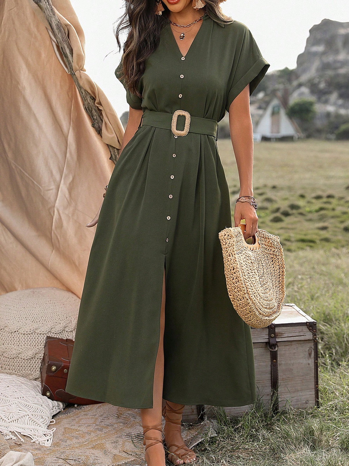 Vestido Longo Chemise Com Botões E Cinto Ajustável