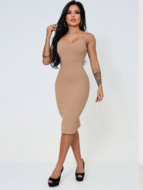 Vestido Midi Tubinho Justo Alças Finas Minimalista
