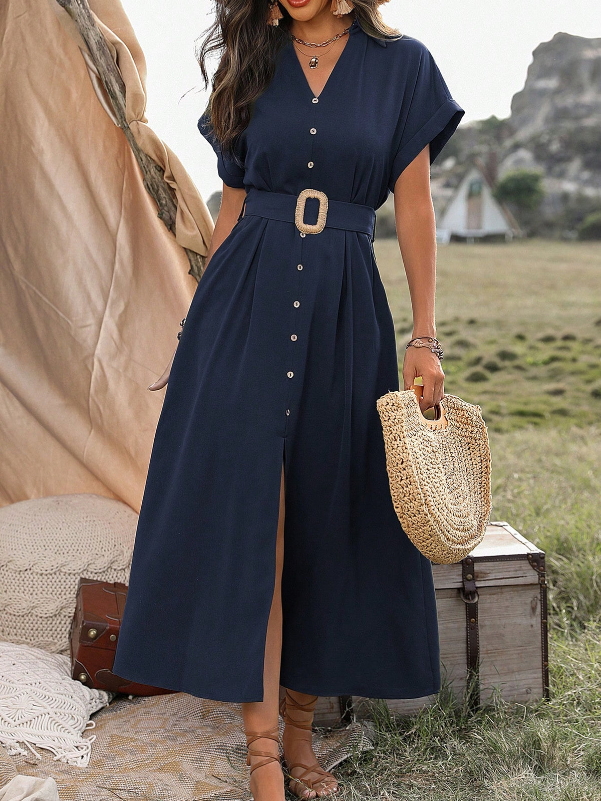 Vestido Longo Chemise Com Botões E Cinto Ajustável