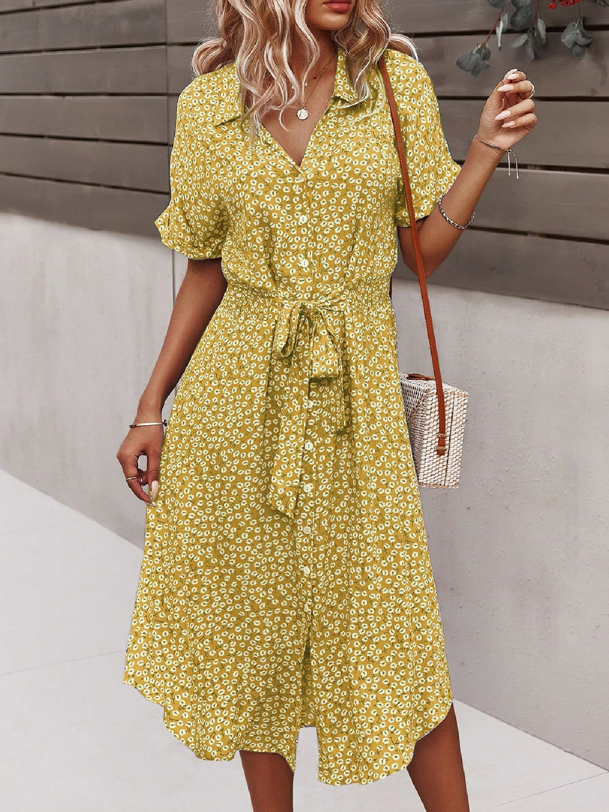 Vestido Midi Chemise Estampado Com Amarração Na Cintura