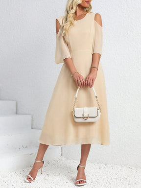 Vestido Midi Evasê Elegante Com Manga Vazado Ombro