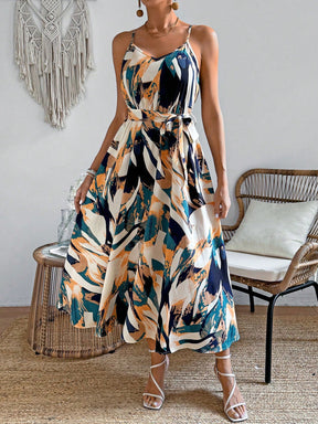 Vestido Longo Estampado Com Cinto E Decote V
