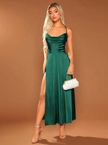 Vestido Longo Elegante Alças Finas Com Fenda Lateral