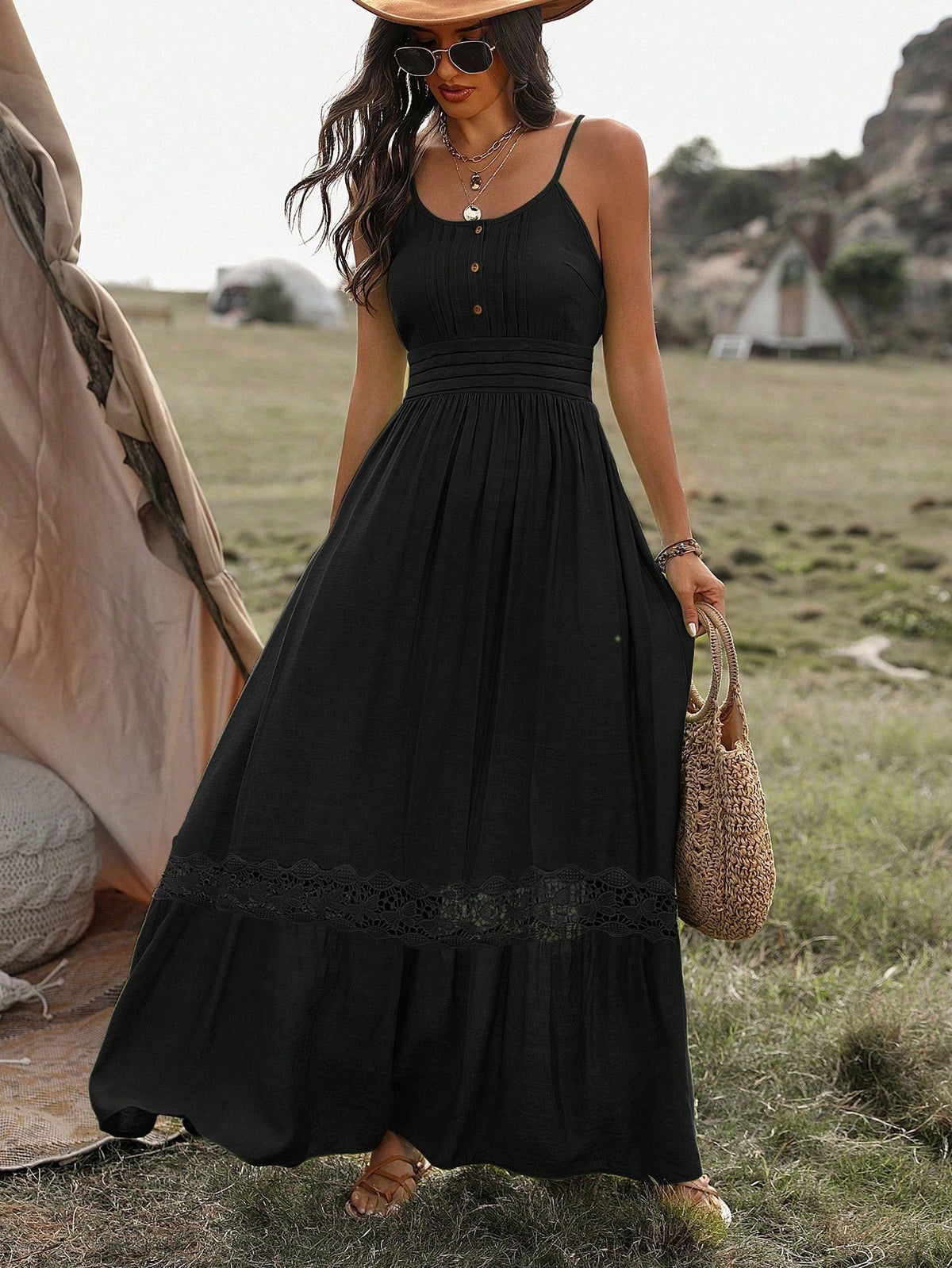 Vestido Longo De Alça Com Detalhe Rendado Boho