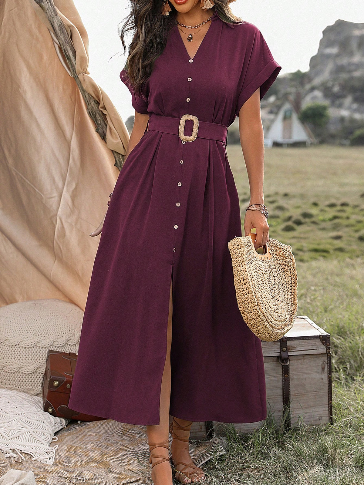 Vestido Longo Chemise Com Botões E Cinto Ajustável