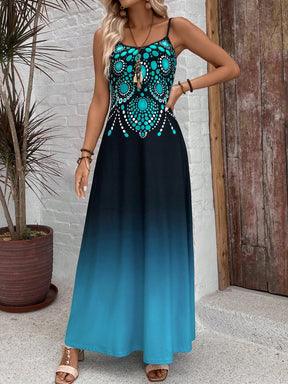 Vestido Longo Ombre Com Estampa Boho E Alças Finas