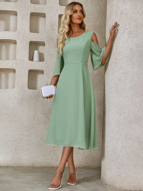 Vestido Midi Evasê Elegante Com Manga Vazado Ombro