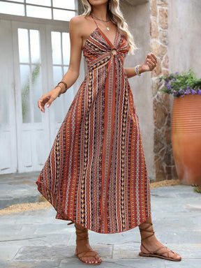 Vestido Longo Estampado Étnico Com Fenda E Recorte Frontal