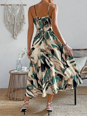 Vestido Longo Estampado Com Cinto E Decote V