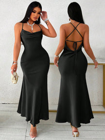 Vestido Longo De Cetim Com Decote Draped