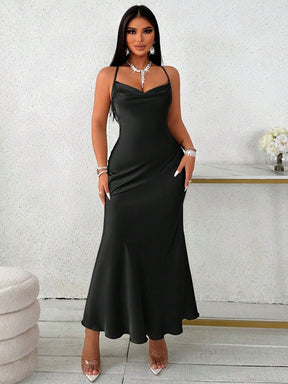 Vestido Longo De Cetim Com Decote Draped