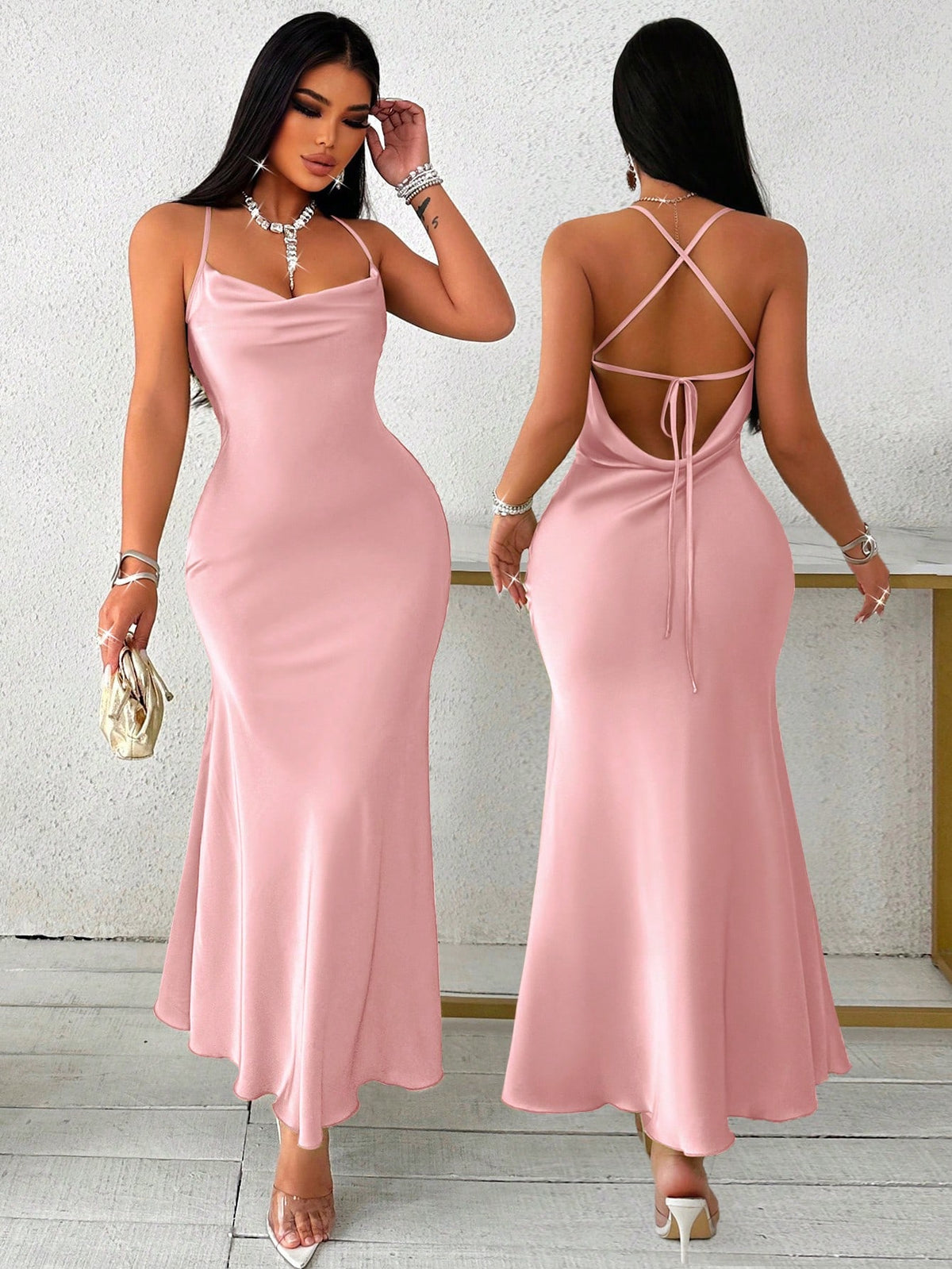 Vestido Longo De Cetim Com Decote Draped