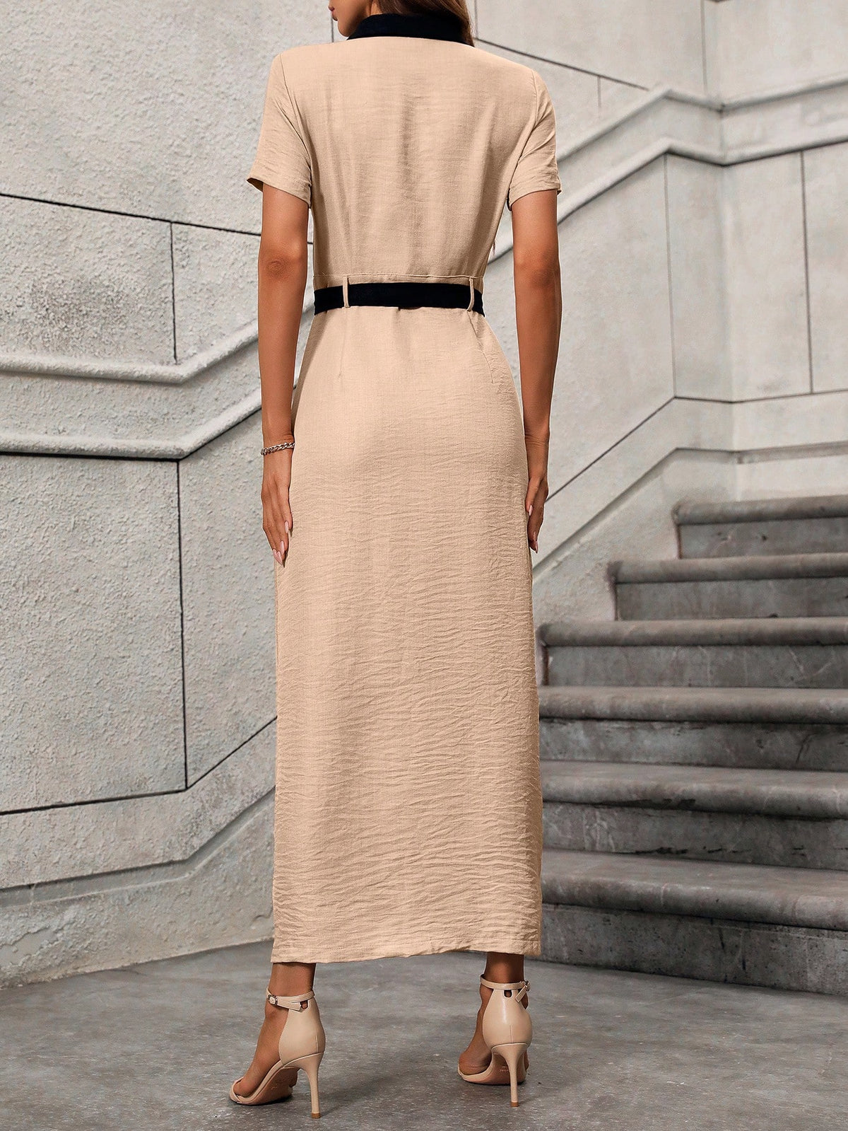 Vestido Longo Chemise Estilo Moderno Com Fenda Frontal