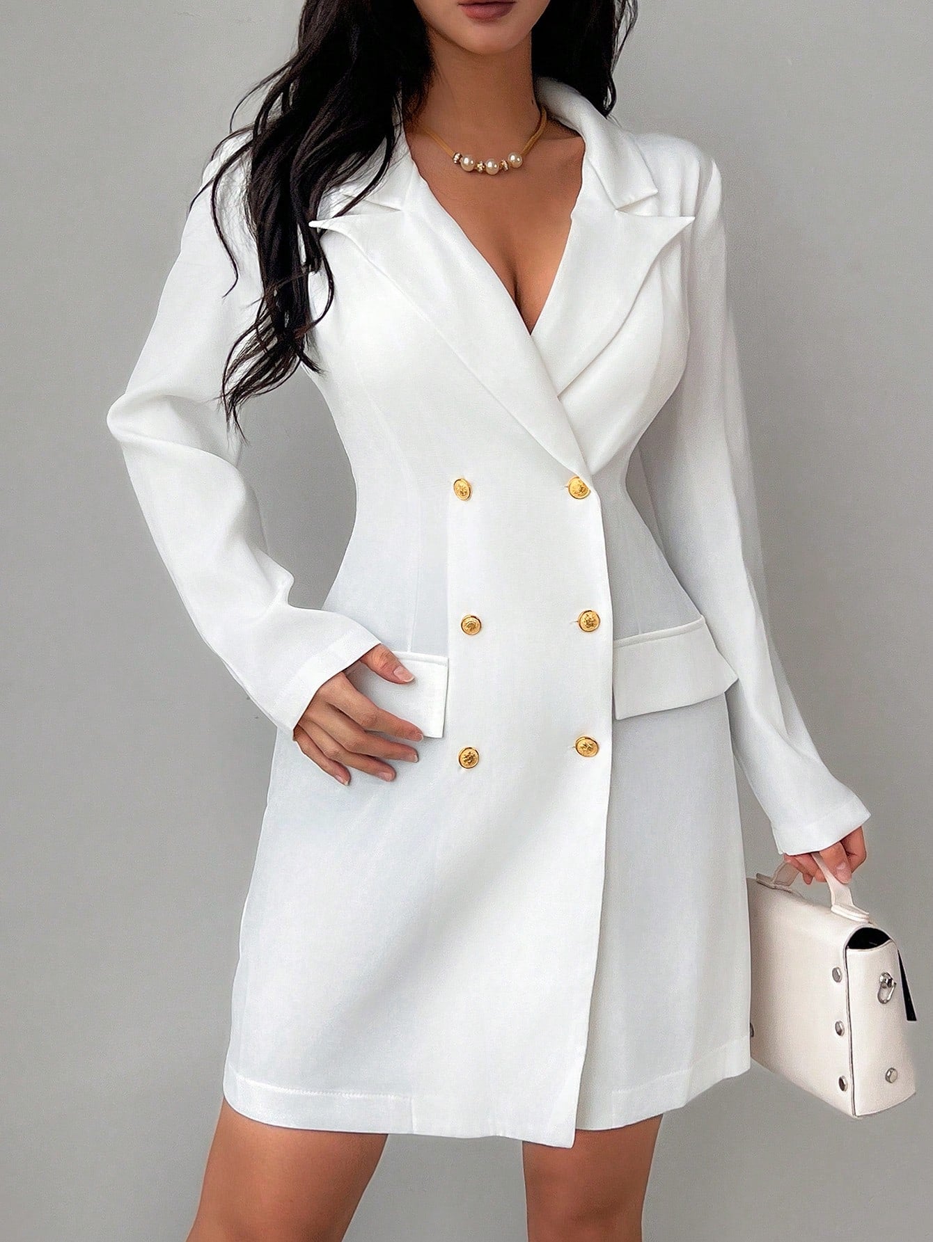 Vestido Blazer Curto Alfaiataria Manga Longa Com Botões