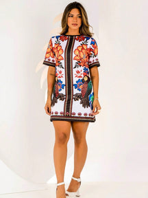 Vestido Curto Estampado Colorido Mangas Curtas
