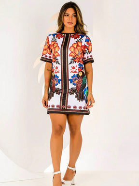 Vestido Curto Estampado Colorido Mangas Curtas