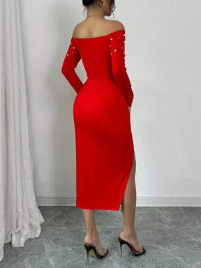 Vestido Midi Ombro A Ombro Com Pérolas E Fenda Elegante