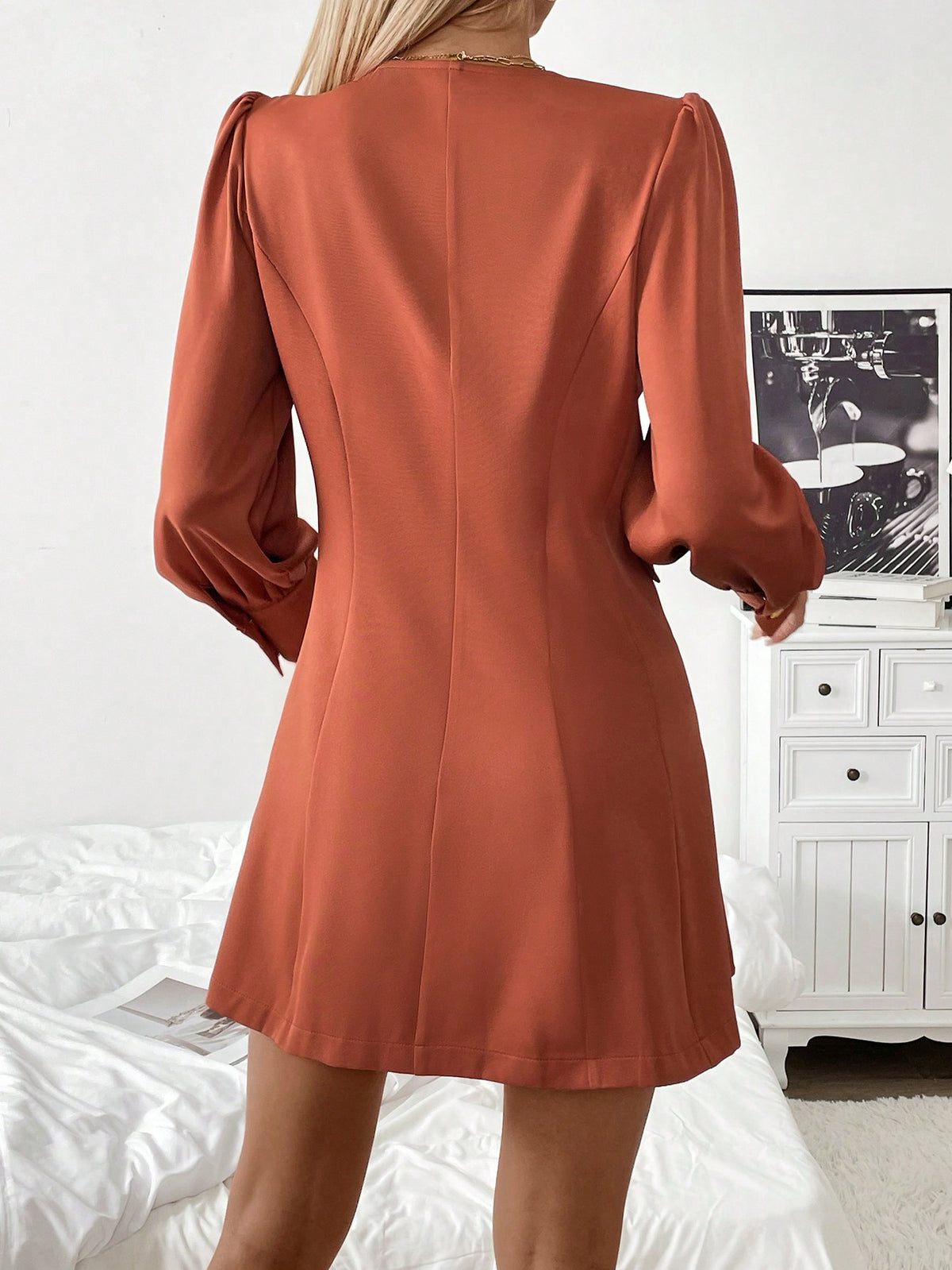 Vestido Blazer Curto Elegante Com Manga Bufante E Botões