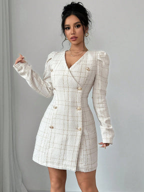 Vestido Blazer Curto Xadrez Manga Longa Com Botões