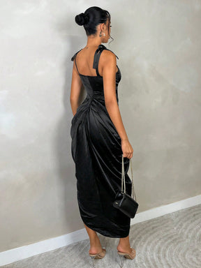 Vestido Longo Elegante Drapeado Lateral Com Fenda Sofisticada