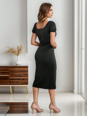 Vestido Midi Justo Com Fenda Decote Franzido Elegante