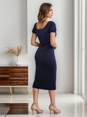 Vestido Midi Justo Com Fenda Decote Franzido Elegante