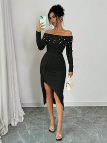 Vestido Midi Ombro A Ombro Com Pérolas E Fenda Elegante