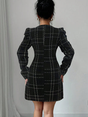 Vestido Blazer Curto Xadrez Manga Longa Com Botões