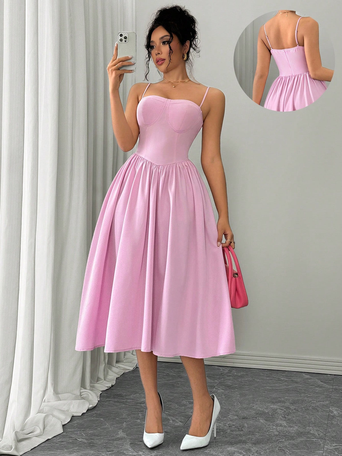Vestido Midi Evasê Com Alças Finas Estruturado