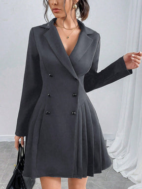 Vestido Blazer Curto Alfaiataria Plissado Com Botões