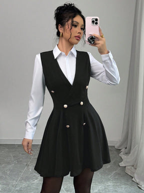Vestido Blazer Curto Rodado Com Camisa Sobreposta Elegante