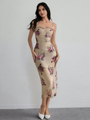 Vestido Midi Justo Floral Com Alças Finas Elegante