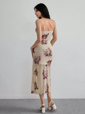Vestido Midi Justo Floral Com Alças Finas Elegante