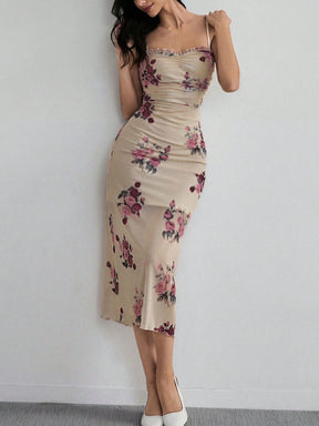 Vestido Midi Justo Floral Com Alças Finas Elegante