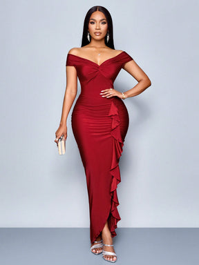 Vestido Longo Elegante Drapeado Ombro A Ombro Com Babado