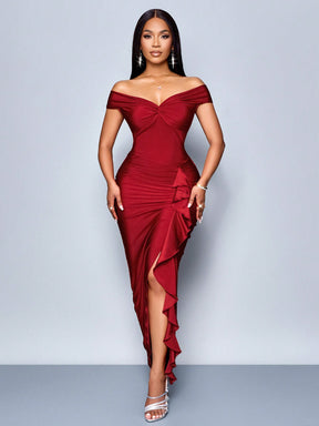 Vestido Longo Elegante Drapeado Ombro A Ombro Com Babado
