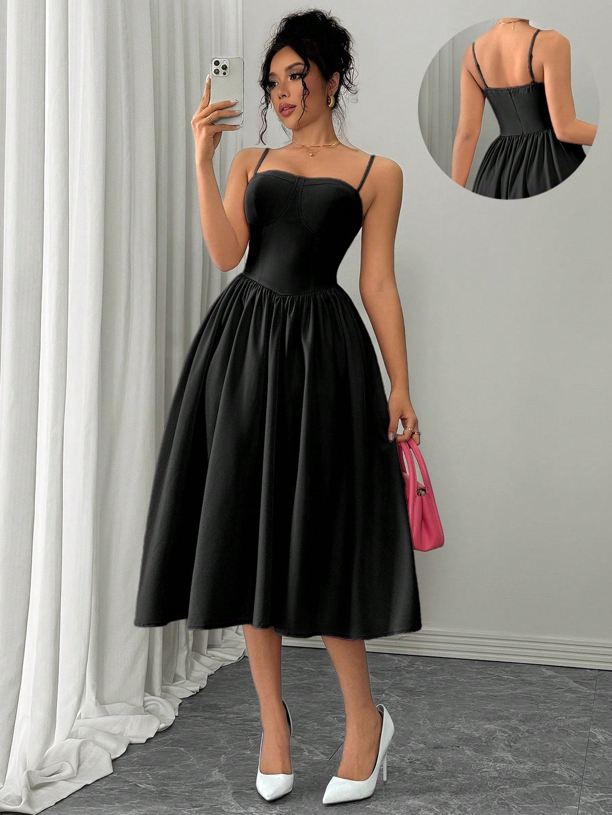 Vestido Midi Evasê Com Alças Finas Estruturado