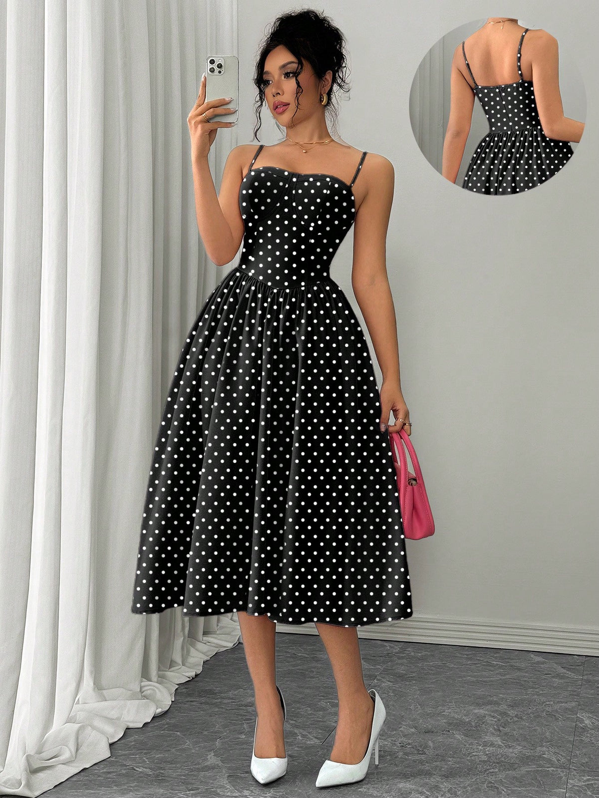 Vestido Midi Acinturado Com Alças Finas E Estampa Poá