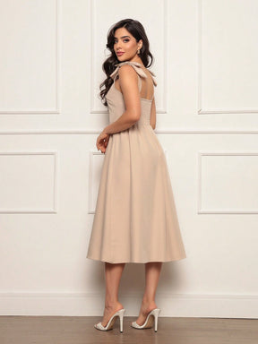 Vestido Midi Evasê Elegante Com Laço No Ombro
