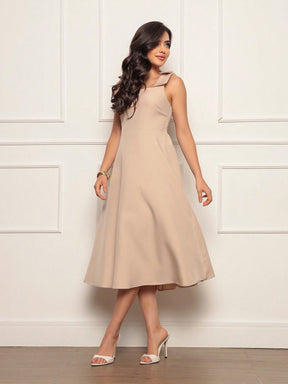 Vestido Midi Evasê Elegante Com Laço No Ombro