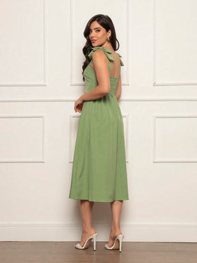 Vestido Midi Evasê Elegante Com Laço No Ombro