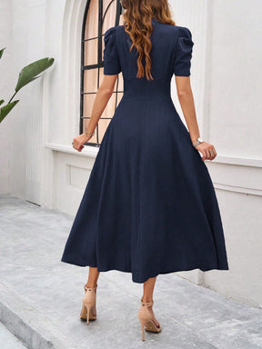 Vestido Midi Evasê Elegante Com Manga Bufante